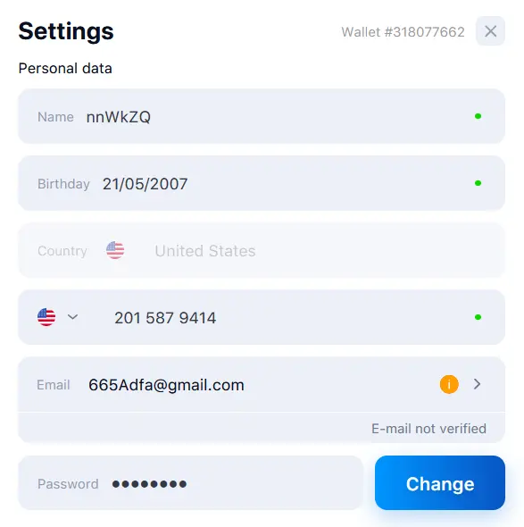 Profile settings in 1Win