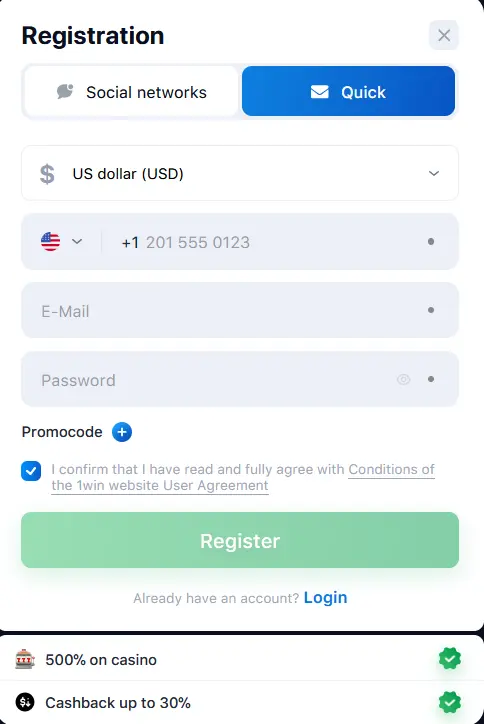 Quick Registration on 1Win