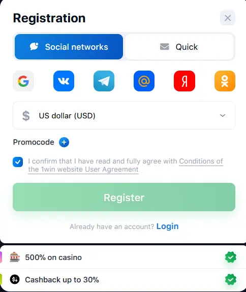 Social Media Registration on 1Win